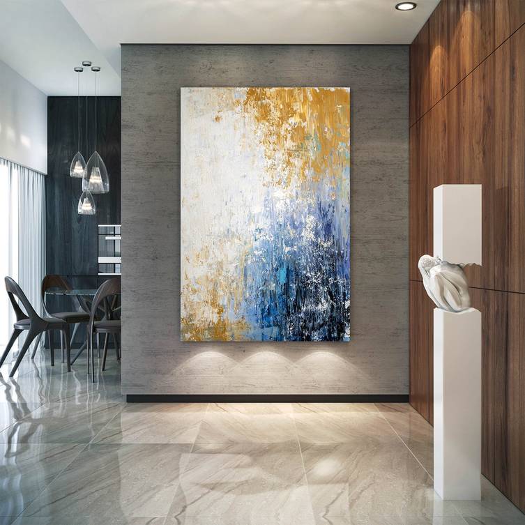 Blue Handmade Dining Textured Yellow Abstract Canvas Artwork TQBG1